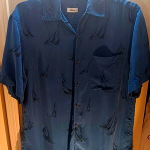 Brioni Mens Blue Silk Sailboat Print Short Sleeve Button Down Shirt